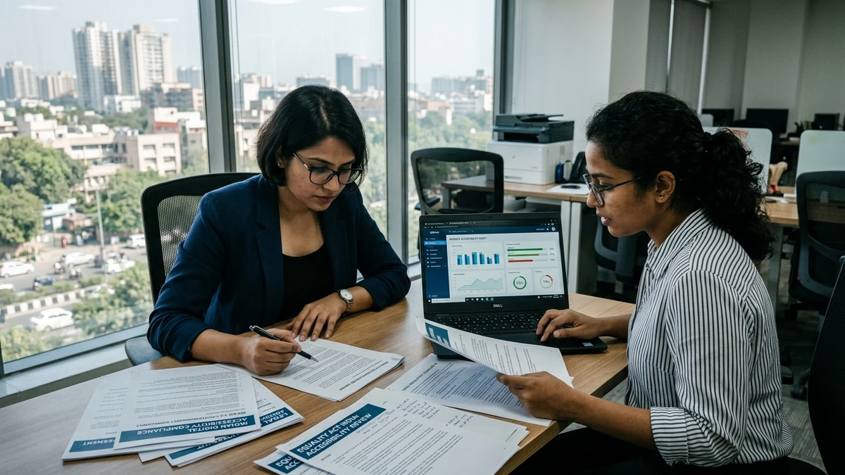 Legal compliance attorney and software consultant reviewing Indian digital accessibility audit reports in modern office