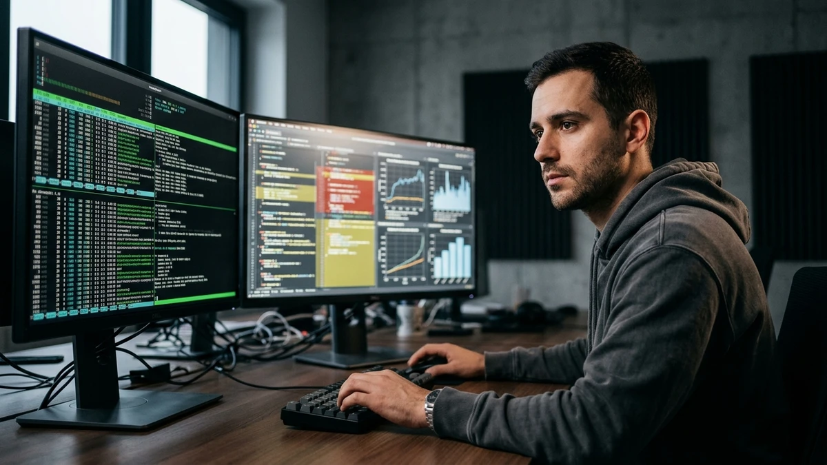 Software engineer analyzing DeepSeek vs Claude AI coding benchmarks and cost metrics on dual monitors