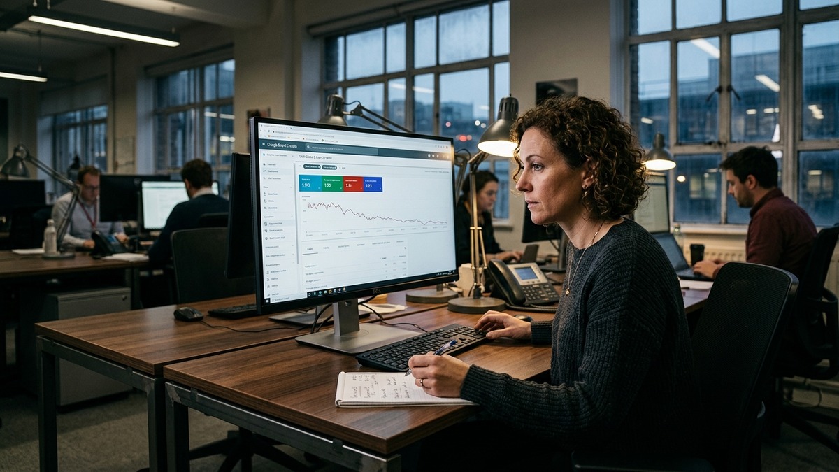 Digital marketing strategist analyzing Google AI Overview search traffic drop and GEO citation metrics