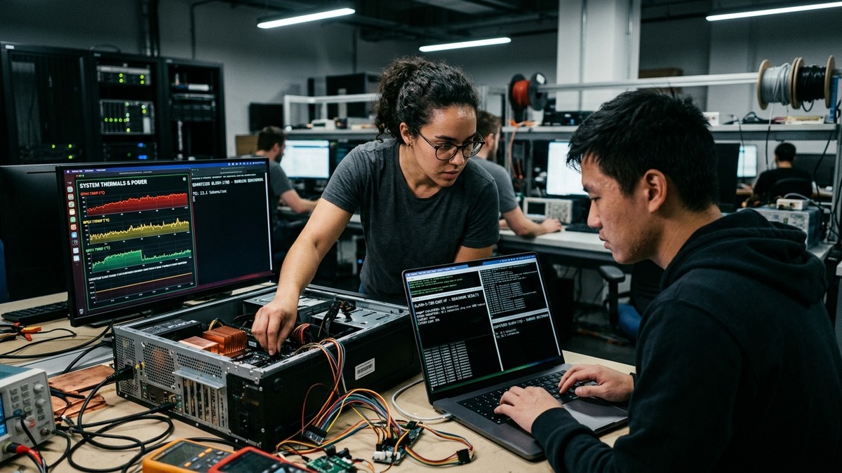 Hardware engineers benchmarking local 70B AI models on Apple MacBook Pro and open-chassis test bench workstation