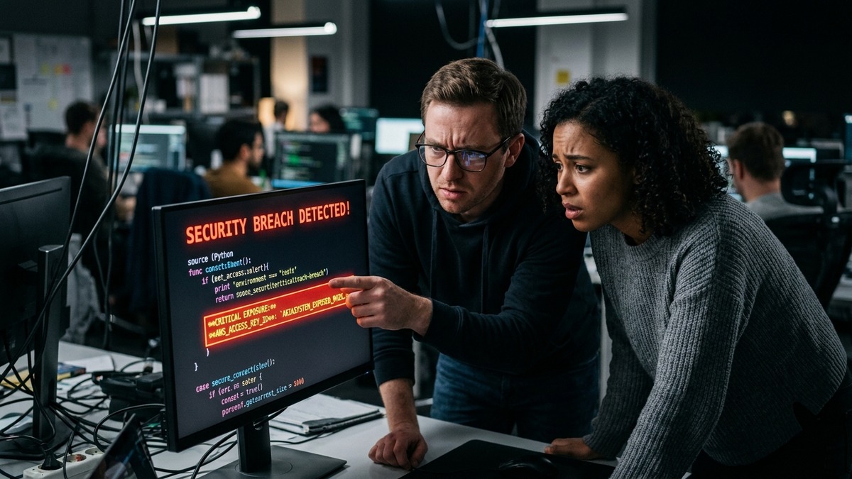 Software engineers analyzing exposed API credentials and security vulnerability warnings in AI generated code